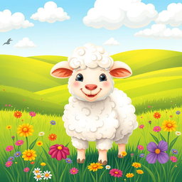A whimsical and charming illustration of a fluffy sheep standing in a lush green meadow, surrounded by colorful wildflowers