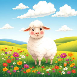A whimsical and charming illustration of a fluffy sheep standing in a lush green meadow, surrounded by colorful wildflowers