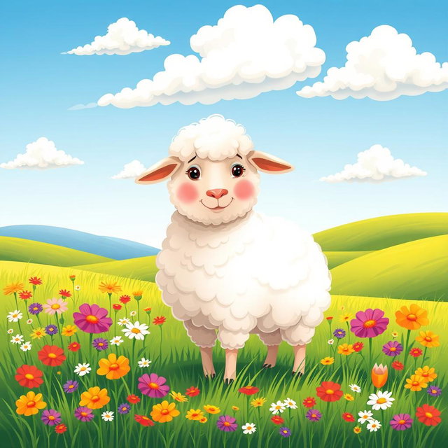 A whimsical and charming illustration of a fluffy sheep standing in a lush green meadow, surrounded by colorful wildflowers