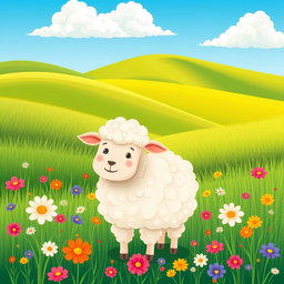 A whimsical and charming illustration of a fluffy sheep standing in a lush green meadow, surrounded by colorful wildflowers
