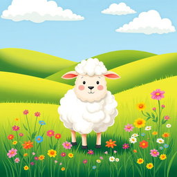 A whimsical and charming illustration of a fluffy sheep standing in a lush green meadow, surrounded by colorful wildflowers