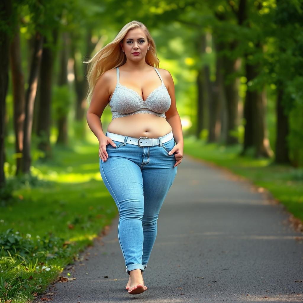 A beautiful and stunning woman with medium breasts, very wide, fat bulging hips, and thick round fat thighs, with her inner thighs gently touching each other