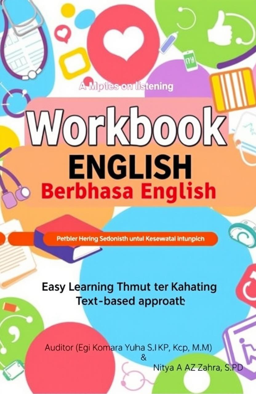 A colorful and engaging cover for a workbook titled 'Workbook Pintar Berbahasa English untuk Keperawatan dan Kesehatan'
