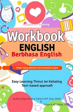 A colorful and engaging cover for a workbook titled 'Workbook Pintar Berbahasa English untuk Keperawatan dan Kesehatan'