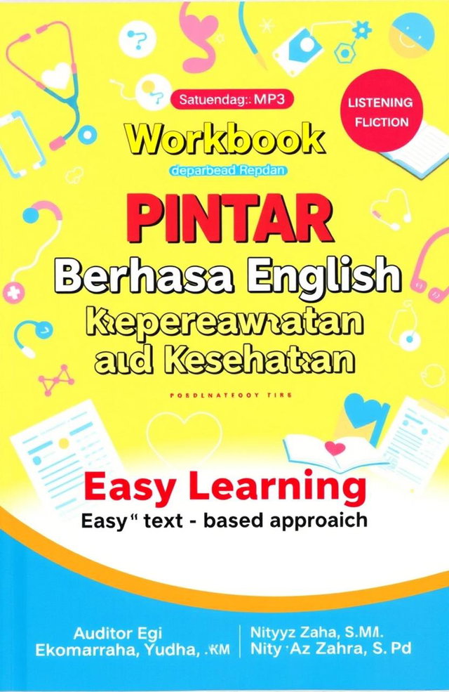 A colorful and engaging cover for a workbook titled 'Workbook Pintar Berbahasa English untuk Keperawatan dan Kesehatan'