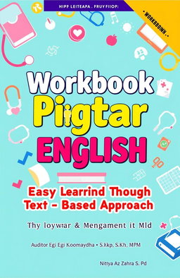 A colorful and engaging cover for a workbook titled 'Workbook Pintar Berbahasa English untuk Keperawatan dan Kesehatan'