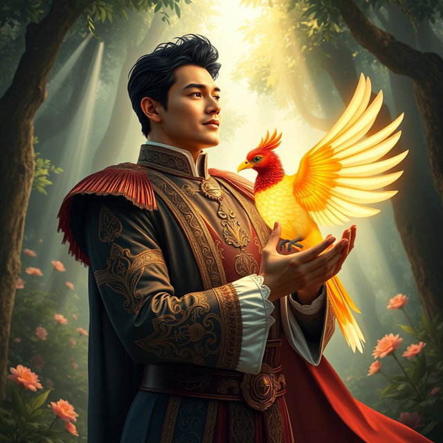 Don Juan, a gallant and heroic figure, holding the magical bird Ibong Adarna in his arms