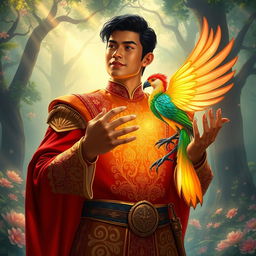 Don Juan, a gallant and heroic figure, holding the magical bird Ibong Adarna in his arms