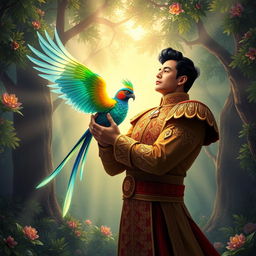 Don Juan, a gallant and heroic figure, holding the magical bird Ibong Adarna in his arms