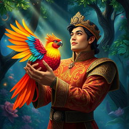 Don Juan, a gallant and heroic figure, holding the magical bird Ibong Adarna in his arms