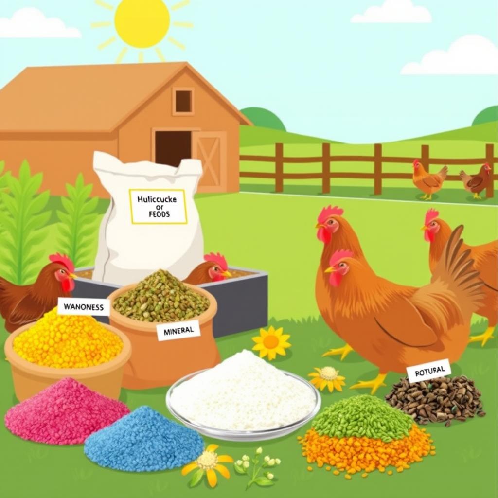 A visually appealing and informative illustration of a variety of poultry feed additives