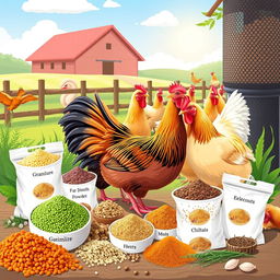 A visually appealing and informative illustration of a variety of poultry feed additives