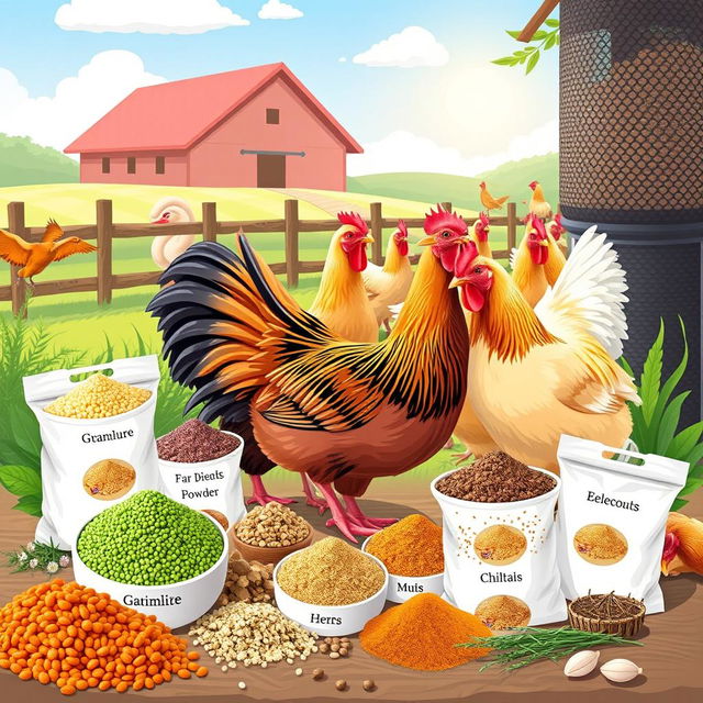 A visually appealing and informative illustration of a variety of poultry feed additives