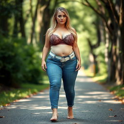 A beautiful and stunning hourglass-shaped woman with medium breasts, very wide, fat bulging hips, thick round fat thighs, and inner thighs gently touching each other