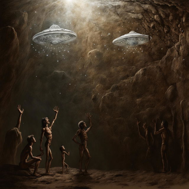 A high-quality digital artwork that uses cave drawings and realism to tell the story of man's first encounters with UFOs