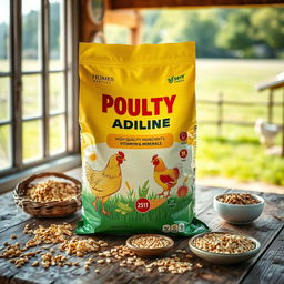 A colorful bag of poultry feed additive prominently displayed on a rustic wooden table