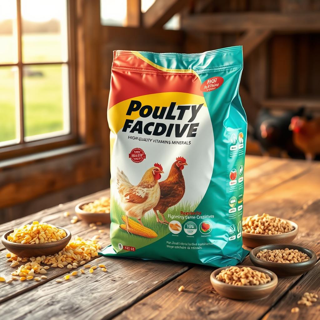 A colorful bag of poultry feed additive prominently displayed on a rustic wooden table