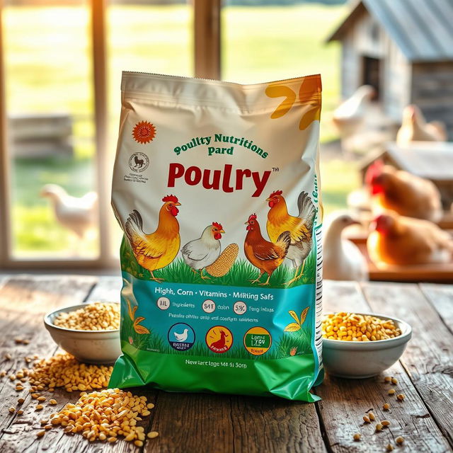 A colorful bag of poultry feed additive prominently displayed on a rustic wooden table
