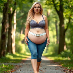 A beautiful and stunning hourglass-shaped woman with medium breasts, very wide, fat bulging hips, and thick round fat thighs, with her inner thighs gently touching each other