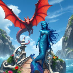 A stunning scene featuring a female merfolk with blue skin and octopus-like ears, showcasing her unique oceanic beauty