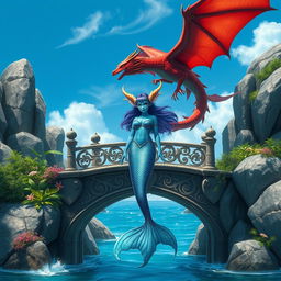 A stunning scene featuring a female merfolk with blue skin and octopus-like ears, showcasing her unique oceanic beauty