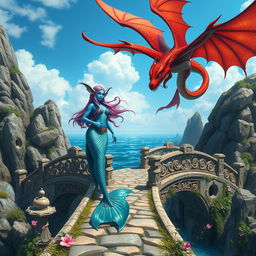 A stunning scene featuring a female merfolk with blue skin and octopus-like ears, showcasing her unique oceanic beauty