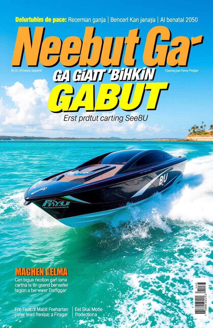 A vibrant and dynamic cover for an article titled 'Ngebut Ga Bikin Gabut', featuring a sleek, high-speed speedboat carving through turquoise waters at full throttle