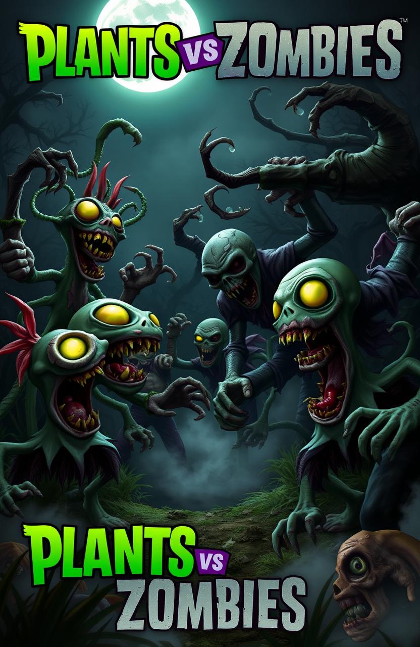 A horror-themed interpretation of the game 'Plants vs Zombies', featuring spooky, twisted plants attacking ominous, zombie-like creatures