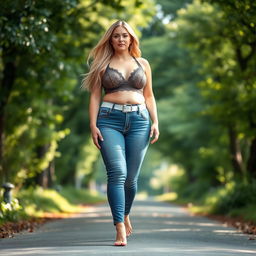 A beautiful and stunning hourglass-shaped woman with medium breasts, very wide, fat bulging hips, thick round fat thighs, and inner thighs gently touching