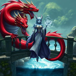 A blue-skinned female merfolk wizard with tentacle-like ears, elegantly dressed in flowing robes adorned with mystical symbols