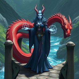 A blue-skinned female merfolk wizard with tentacle-like ears, elegantly dressed in flowing robes adorned with mystical symbols