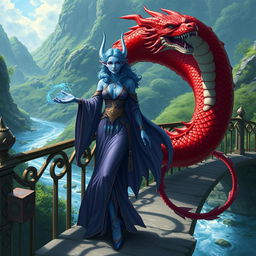 A blue-skinned female merfolk wizard with tentacle-like ears, elegantly dressed in flowing robes adorned with mystical symbols