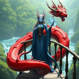 A blue-skinned female merfolk wizard with tentacle-like ears, elegantly dressed in flowing robes adorned with mystical symbols
