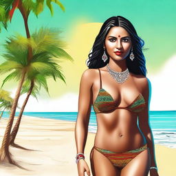 A high-quality digital art image of a beautiful Indian woman, adorned in a vibrant bikini