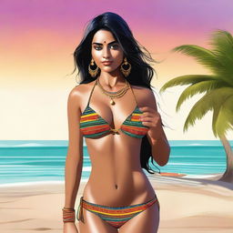 A high-quality digital art image of a beautiful Indian woman, adorned in a vibrant bikini