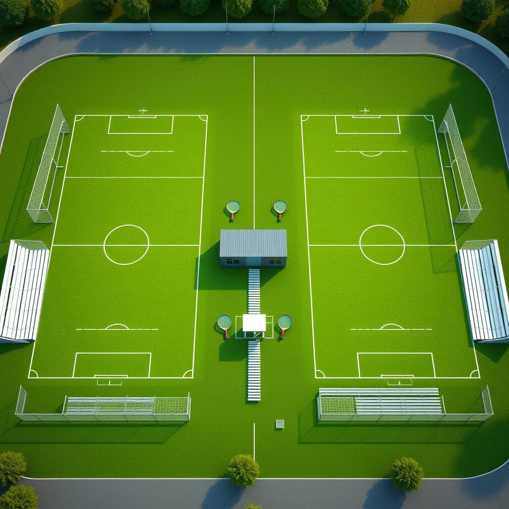 A design for a modern sports complex featuring two FIFA-standard synthetic football fields, each equipped with a parameter net