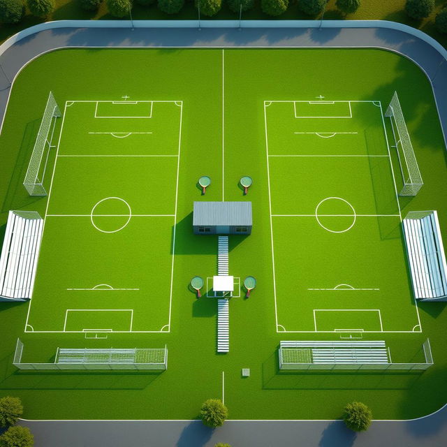 A design for a modern sports complex featuring two FIFA-standard synthetic football fields, each equipped with a parameter net