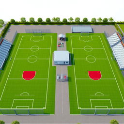 A design for a modern sports complex featuring two FIFA-standard synthetic football fields, each equipped with a parameter net