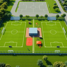 A design for a modern sports complex featuring two FIFA-standard synthetic football fields, each equipped with a parameter net