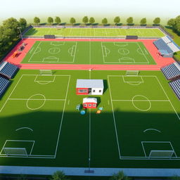 A design for a modern sports complex featuring two FIFA-standard synthetic football fields, each equipped with a parameter net