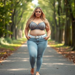 A beautiful and stunning curvy girl with medium breasts, very wide, fat bulging hips, thick round fat thighs, and inner thighs gently touching