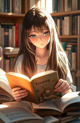 A captivating scene featuring a girl with long, flowing brown hair that has a lighter middle section