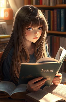 A captivating scene featuring a girl with long, flowing brown hair that has a lighter middle section