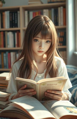 A captivating scene featuring a girl with long, flowing brown hair that has a lighter middle section