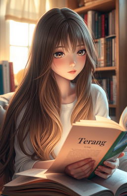 A captivating scene featuring a girl with long, flowing brown hair that has a lighter middle section