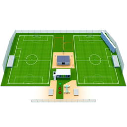 A design for a modern sports complex featuring two FIFA-standard synthetic football fields, each encircled by a parameter net for enhanced play safety