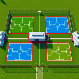 A design for a modern sports complex featuring two FIFA-standard synthetic football fields, each encircled by a parameter net for enhanced play safety