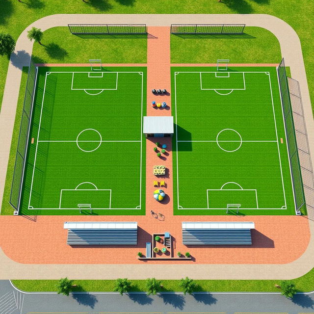 A design for a modern sports complex featuring two FIFA-standard synthetic football fields, each encircled by a parameter net for enhanced play safety