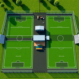 A design for a modern sports complex featuring two FIFA-standard synthetic football fields, each encircled by a parameter net for enhanced play safety