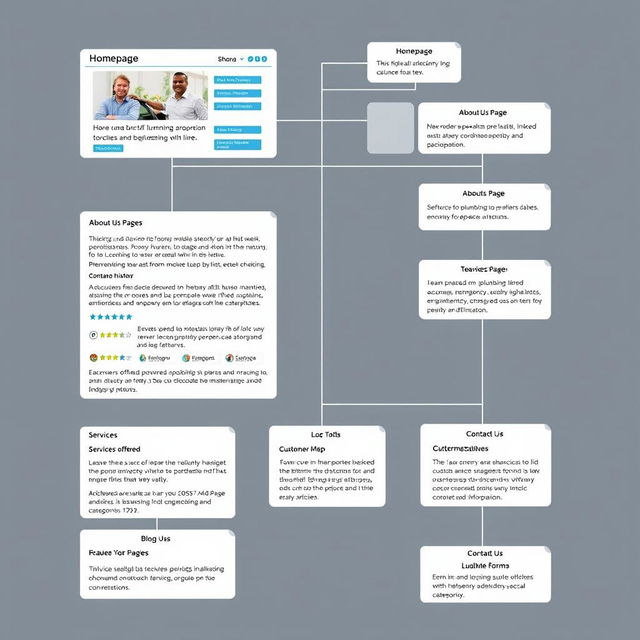Detailed website data structure for a plumbing services company, including essential components and their relationships